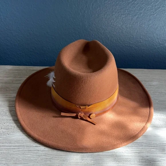 Freya Brown Fedora Hat with Ribbon & Feather Accent 100% Wool display picture 1